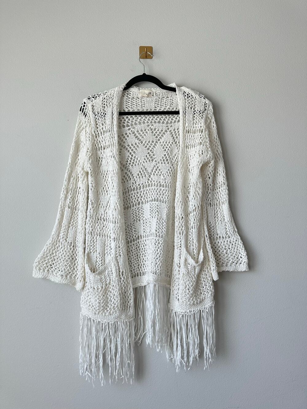 Wool Blend Crochet Fringe Cardigan M/L Ivory Boho Bell Sleeve Duster Beach